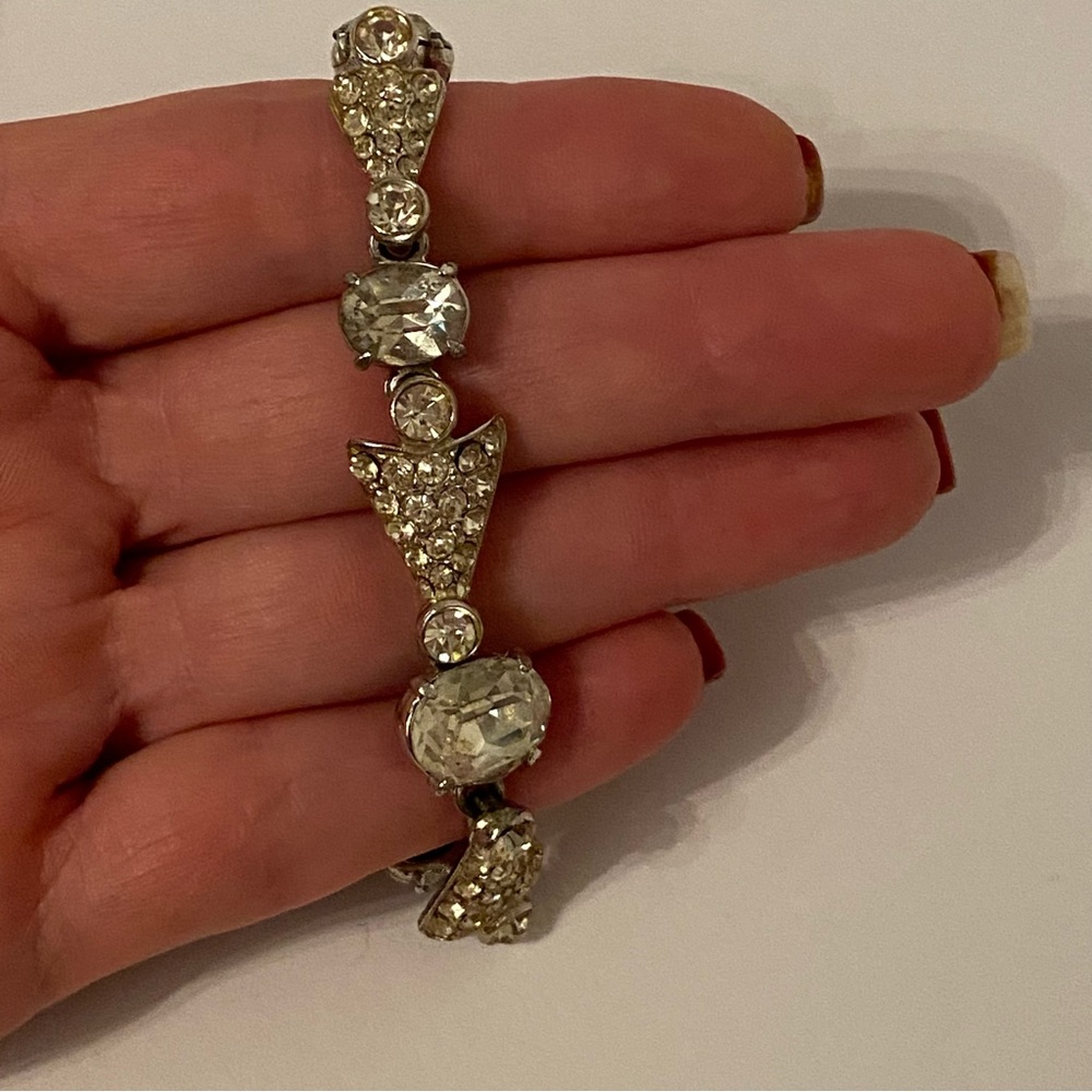 VINTAGE BRACELET RHINESTONE ROUNDS PASTE STONES OVALS SILVER TONE SETTING 7.5”